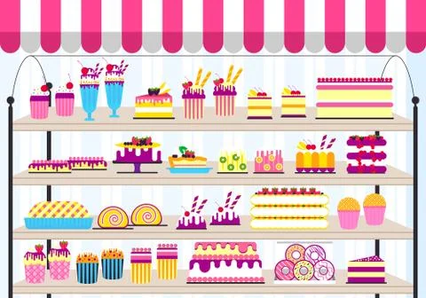 Cake stand in shop illustration. Vector sweet for party background. Food icon Stock Illustration