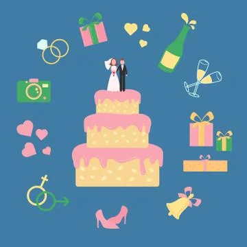 Cake with statuette of groom and bride. Wed icons Stock Illustration