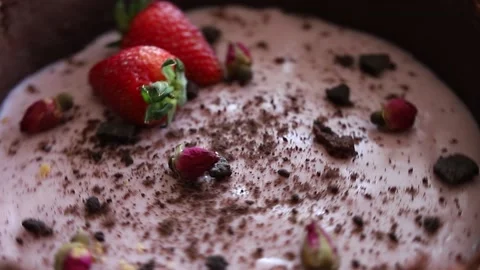 Cake with strawberries and dark shortbread Stock Footage 142492486