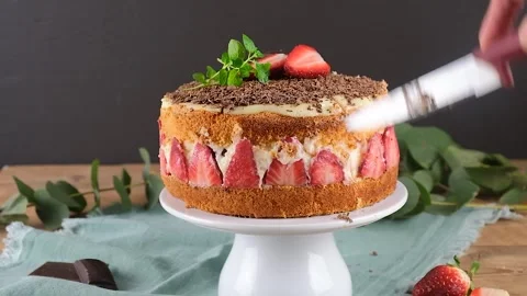 Cake with strawberries. Rustic style. Stock Footage 287076754