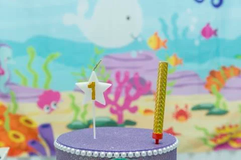 Cake table overview decorated with the seabed theme. Children's party with oc Stock Photos