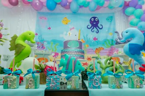 Cake table overview decorated with the seabed theme. Children's party with oc Stock Photos