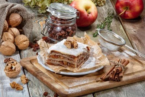Cake, Tea And Apples Stock Photos
