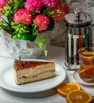 Cake with tea on the table Stock Photos