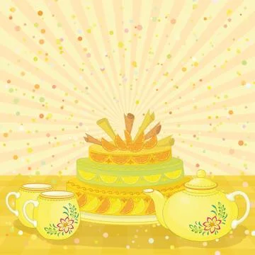 Cake, teapot and cups Stock Illustration