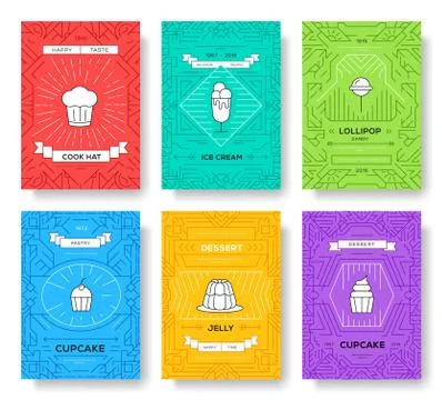 Cake thin line brochure cards set. happy birthday traditional template of flyear Illustrazione stock