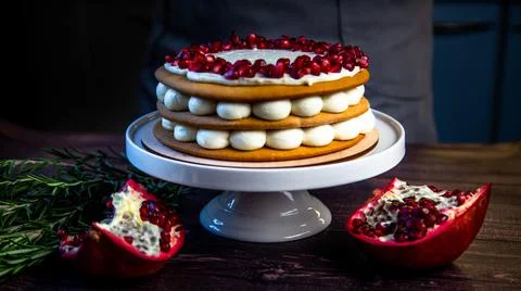 A cake of three layers, consisting of cakes and white cream, decorated with Stock Photos
