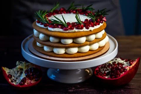 A cake of three layers, consisting of cakes and white cream, decorated with Stock Photos