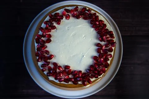 Cake of three layers, consisting of cakes and white cream, decorated with Stock Photos