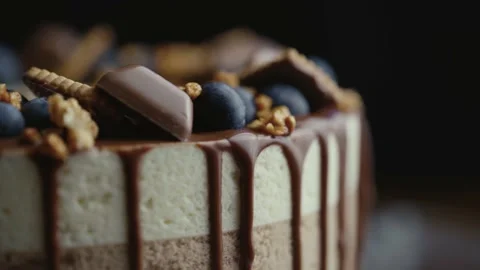 Cake with three layers of different taste, different types of chocolate Stock Footage 159369347