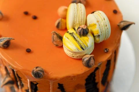 Cake with tiger stripes pattern and macaroons for man or boy. Sweet pastry Stock Photos