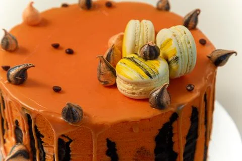 Cake with tiger stripes pattern and macaroons for man or boy. Sweet pastry Stock Photos