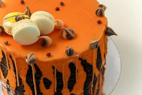 Cake with tiger stripes pattern and macaroons for man or boy. Sweet pastry Stock Photos