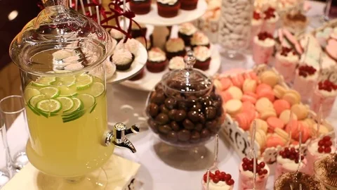 Cake.Candy Bar Wedding, candy buffet. Stock Footage 78769498