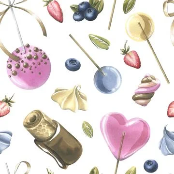 Cakes with brownies, donuts, marshmallows, lollipops, strawberries and Иллюстрация