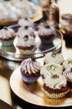 Cakes, candy bar at the wedding Stock Photos