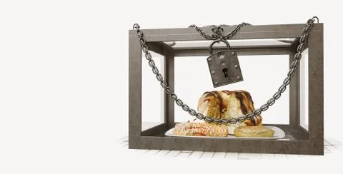 Cakes in close metal box with chains diet concept composition photo Stock Illustration