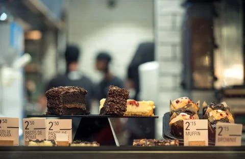 Cakes On Display In Cafe Close Up Stock Photos