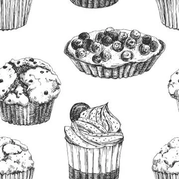 Cakes hand drawn pattern 스톡 일러스트