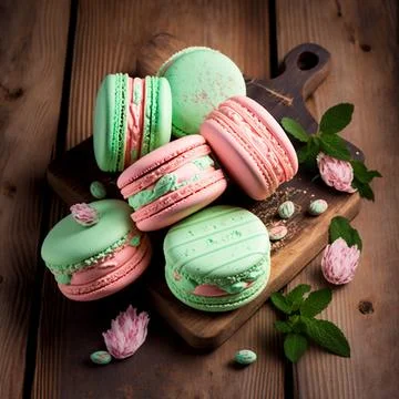 Cakes macaron or macaroon stack on wooden table, pink and green cookis with.. Stock Illustration