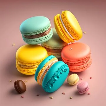 Cakes macaron or macaroon stack on pink background, colorful vibrant almond.. Stock Illustration