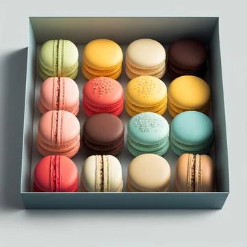 Cakes macaron or macaroon in white box, colorful bright cookies. Stock Illustration