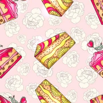 Cakes seamless pattern illustration with peony flowers. Pastry and bakery Stock Illustration