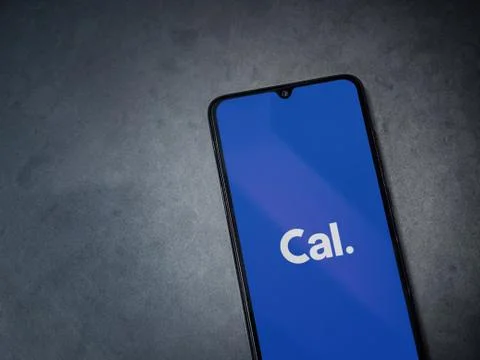 Cal app launch screen with logo on the display of a black mobile smartphone o Stock Photos