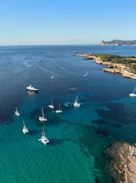 Cala Comte beach in Ibiza. Drone view. Stock Photos
