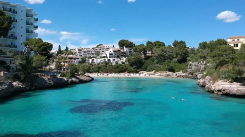 Cala Ferrera in Mallorca during summer AERIAL Stock Footage 130650687