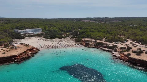 Cala Saona panoramic resort beach Formentera aerial landscape Stock Footage 336643818