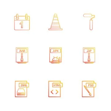 Calaneder , cone , paint roller , zip compressed file , apk android file , ra Stock Illustration