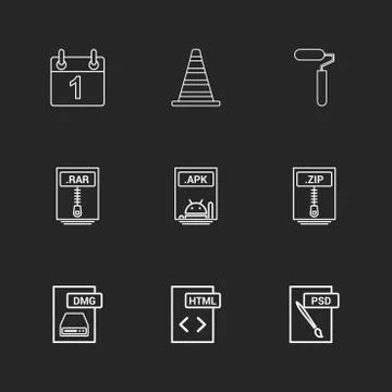Calaneder , cone , paint roller , zip compressed file , apk android file , ra Illustrazione stock