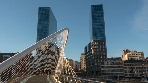 Calatrava Bridge And Towers Isozaki - Bilbao, Spain - 4K Time Lapse Stock Footage
