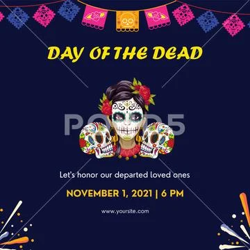 Calavera catrina with sugar skulls and traditional banners PSD Template