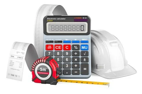 Calculating costs of construction, concept. Hard hat with calculator, measu.. Stock Illustration