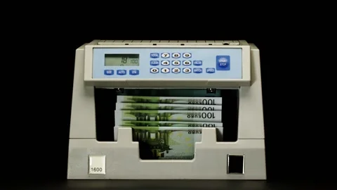 Calculating machine for money counting one hundred euro close-up. Bills of money Stock Footage 158167266
