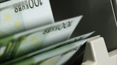 Calculating machine for money counting one hundred euro banknotes close-up Stock Footage 158168771