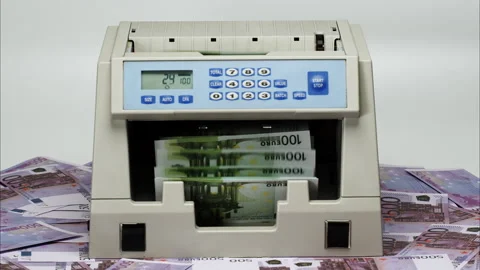 Calculating machine for money counting one hundred euro close-up. Bills of money Stock Footage 224146290