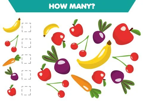 Calculation for children, how many vegetables, book thinking game Math tuni.. Stock Illustration