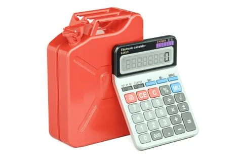 Calculation of cost fuel concept. Jerrycan with calculator, 3D rendering Stock Illustration