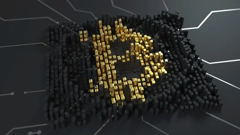 Calculation of hash and bitcoin mining. Currency sign of bitcoins are lighting Stock Footage 95019362