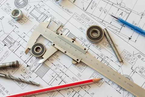 Calculation of the overall dimensions of the bearing using a caliper located  Stock Photos
