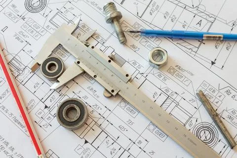 Calculation of the overall dimensions of the bearing using a caliper located  Stock Photos