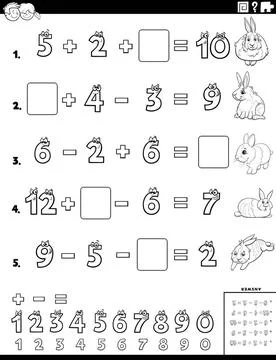 Calculation task with cartoon rabbits coloring book page Black and white c... Stock Photos
