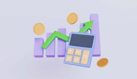 Calculator and bar chart, upward arrow with floating coins, representing fi.. Stock Illustration