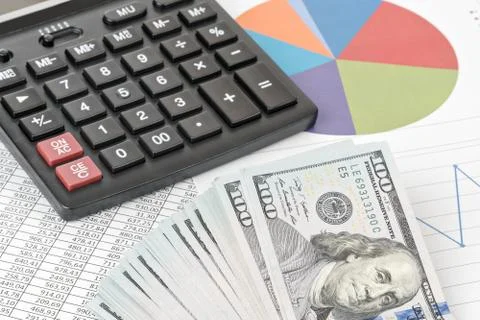 Calculator and dollars pack Stock Photos