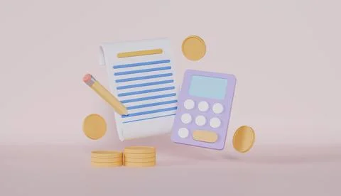 Calculator and Paper bill document with financial reports, finance analyst Stock Illustration