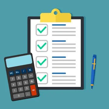 Calculator and pen with notepad paper. vector illustration. finance concept Illustrazione stock