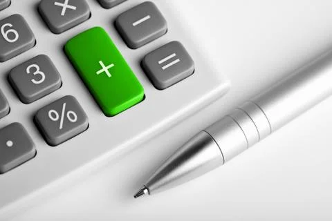 Calculator and pen. plus button colored green Stock Photos